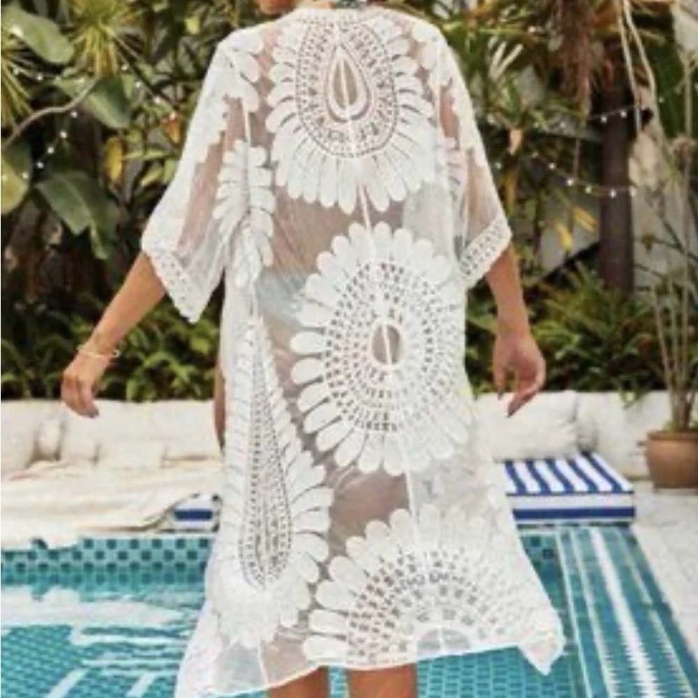 ADIVA Ivory Sheer Lace Embroidered Tie Front Duster Kimono Cardigan Midi Length